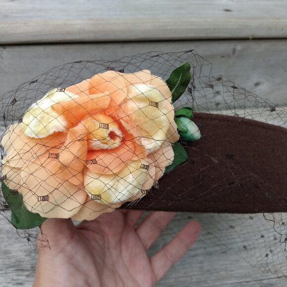 Vintage Brown Ring Hat with Netting and Orange Flower Bandeau Crown Autumn - Picture 6 of 8